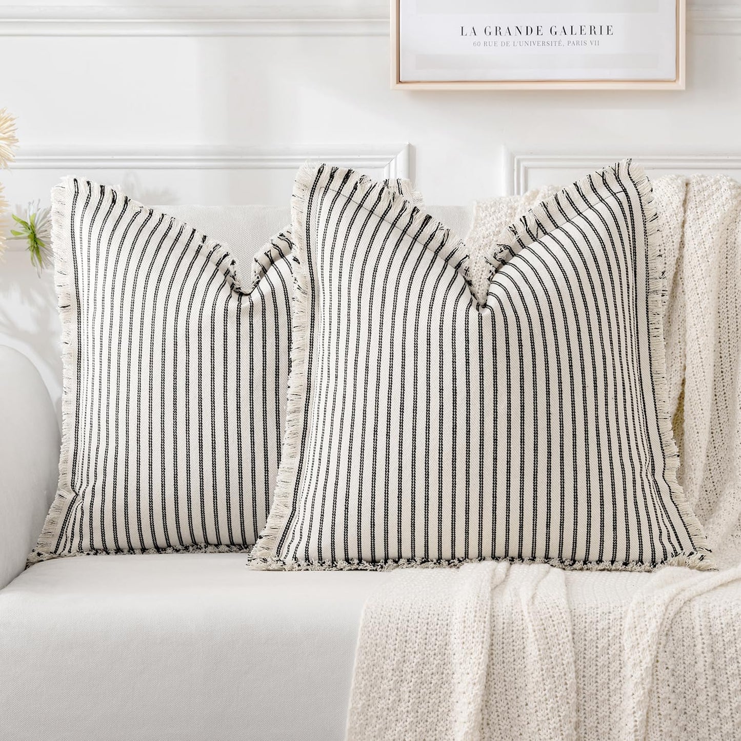 MIULEE Black Pack of 2 Pillow Covers 18x18 Inch Striped Farmhouse Couch Throw Pillow Covers with Fringe Chic Linen Decorative Cushion Covers for Sofa Living Room Bed Outdoor Home Decor