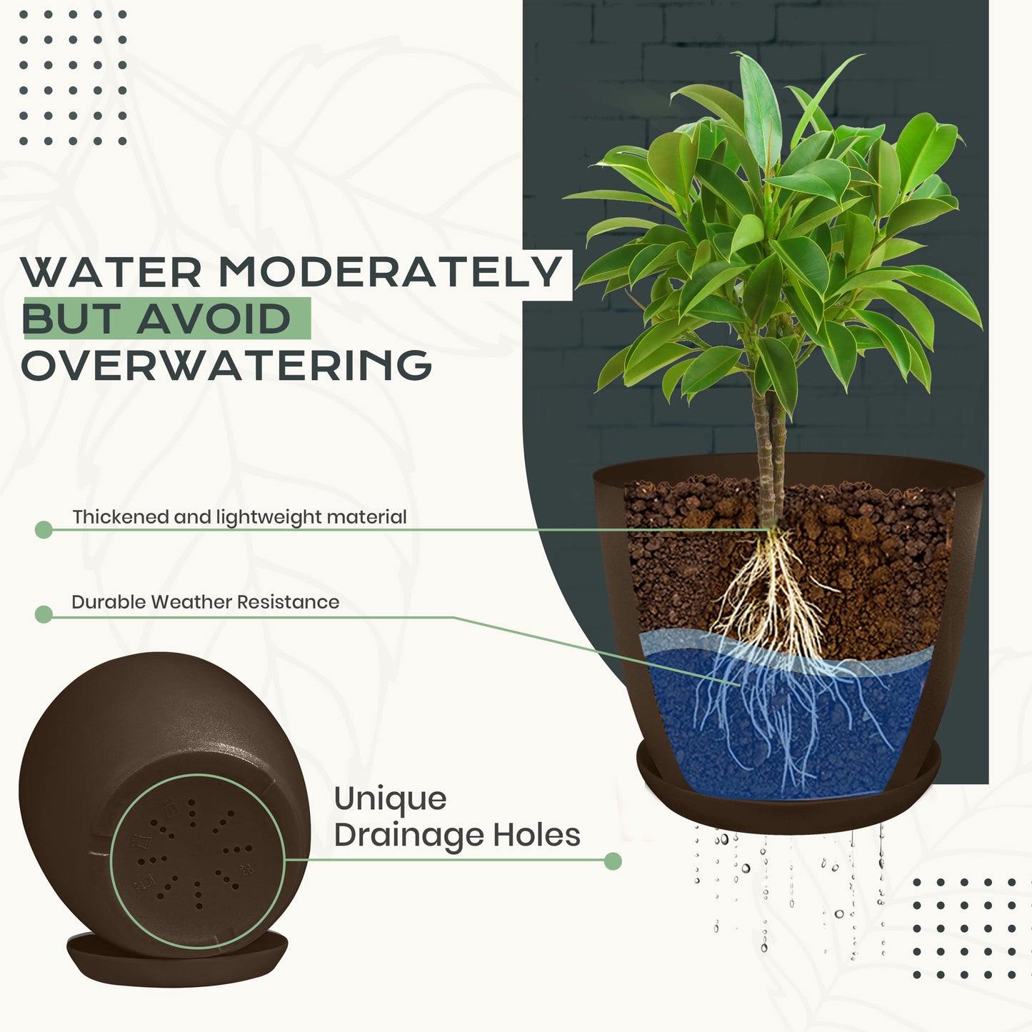 Utopia Home - Plant Pots Indoor with Drainage - 7/6.6/6/5.3/4.8 Inches Home Decor Flower Pots - Pack of 10 Plastic Planters for Indoor Plants, Cactus, Succulents Pot - Brown