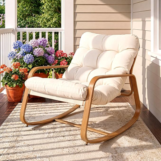 ONBRILL Rocking Chair with Thick Cushion Outdoor Indoor, Premium Iron Wood
