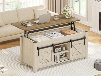 SEDETA Lift Top Coffee Table, Farmhouse Lift Tabletop Dining Table, Gas Spring, Hidden Compartment, Open Storage Shelf, for Living Room, White Brown