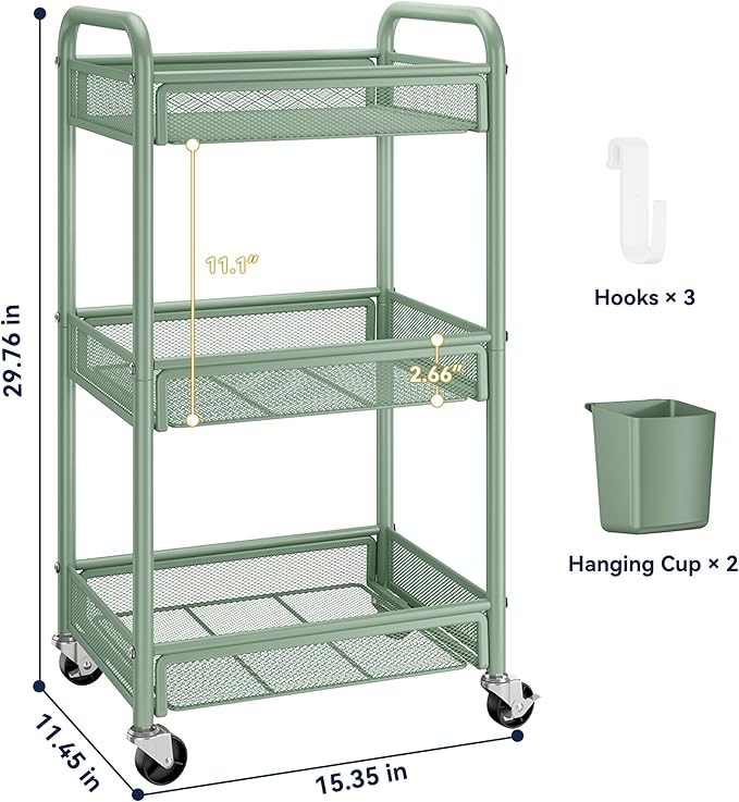 YASONIC 3 Tier Rolling Cart – Metal Utility Storage Carts