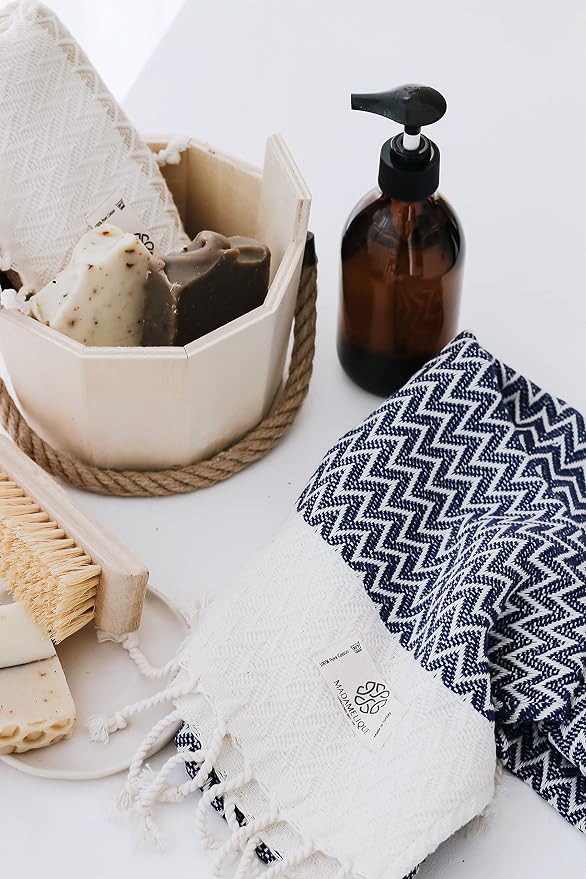 Madamelique Exclusive Hand Towels Set of 2-18 x 40 Inches - Decorative Bathroom Peshtemal Towel for Hand, Face, Hair, Yoga, Tea, Dishcloth, Kitchen and Bath - 100% Pure Cotton (Navy)
