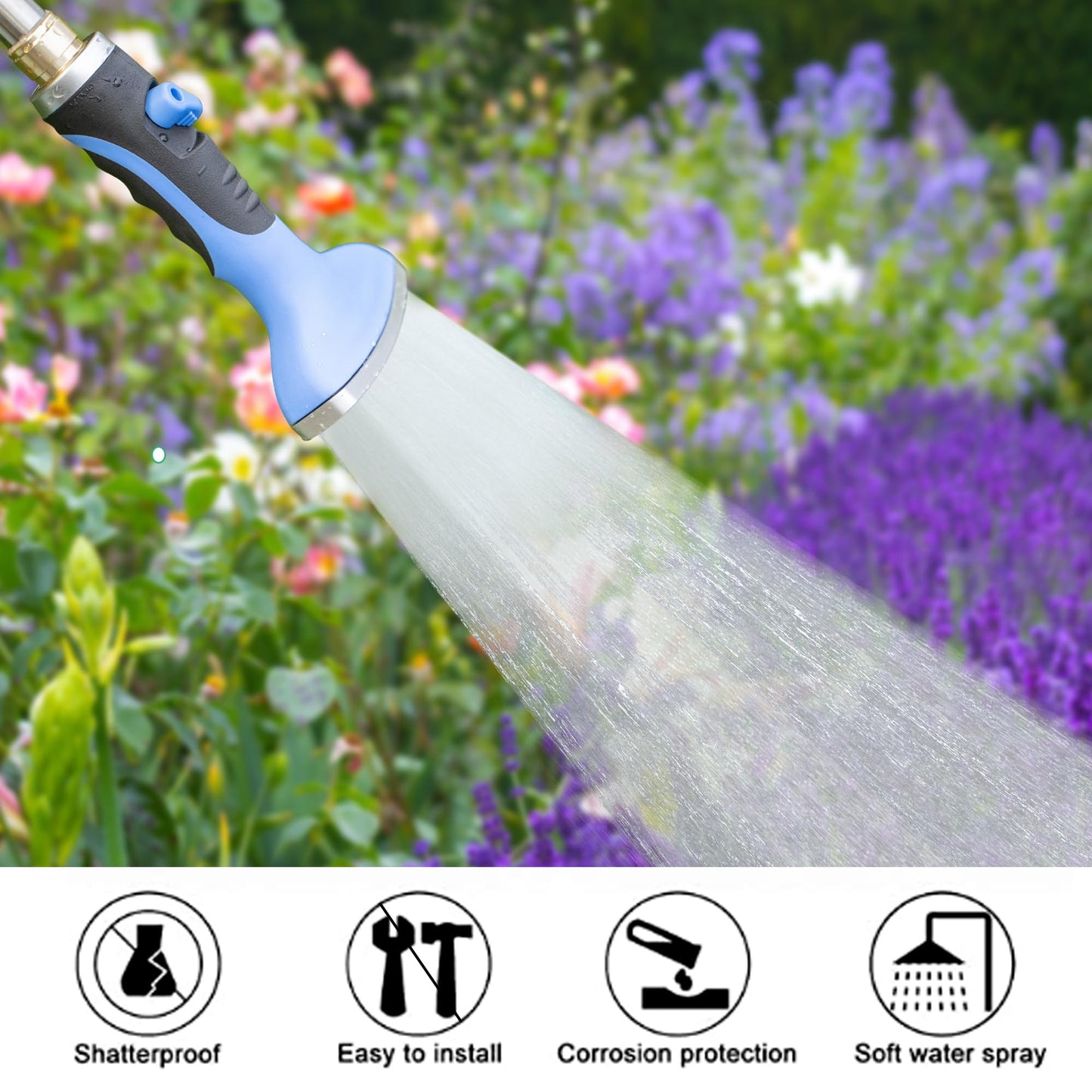 Dreyoo Fan Spray Nozzle for Garden Hose, Heavy Duty Garden Hose Head Spray for Watering Wand with Flow Control and Ergonomic Insulated Grip, Blue (1 Pack)