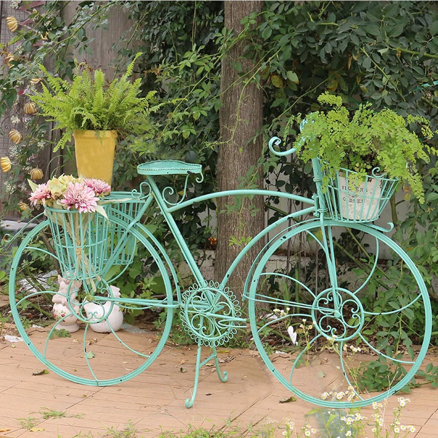 piudoiliy Iron Bicycle Flower Rack, Metal Floor Flowerpot Rack,Outdoor Plant Stand,Great Gift for Plant Lovers,with 3 Baskets (Green)