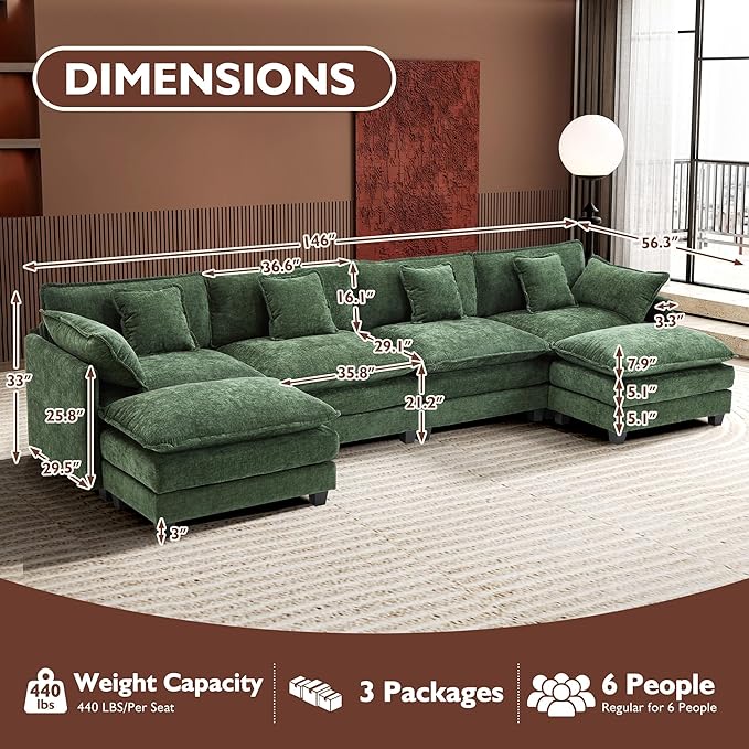 Ihanherry 146" U-Shaped Modern Sofa Modular Sectional Cloud Couch