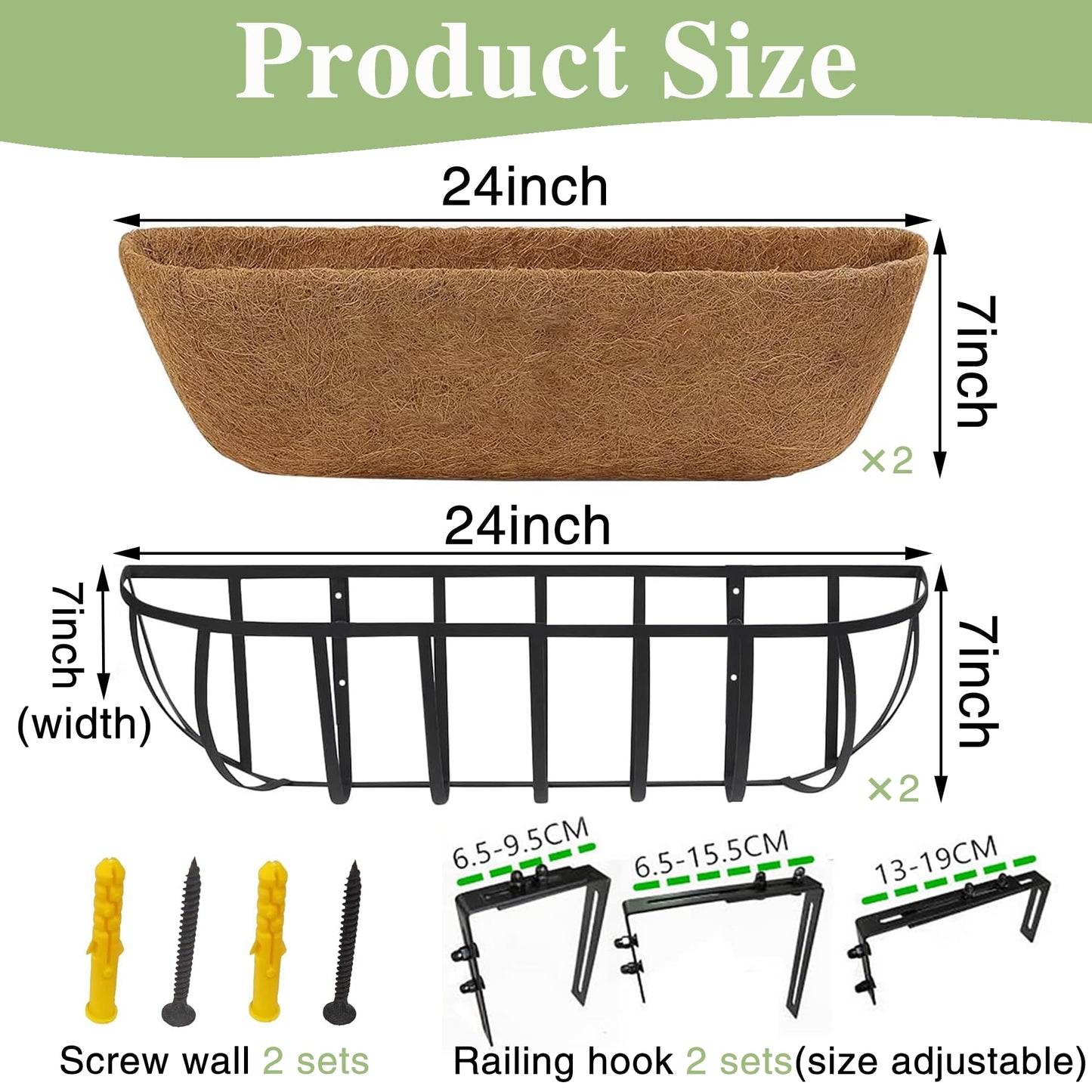 24 Inch Railing Planter Window Box Deck Balcony Rail Planter with Coco Liner Metal Wall-Mounted Coconut Liner Planter Basket English Horse Trough Planters for Outdoor Balcony Porch Fence (2 Pack)