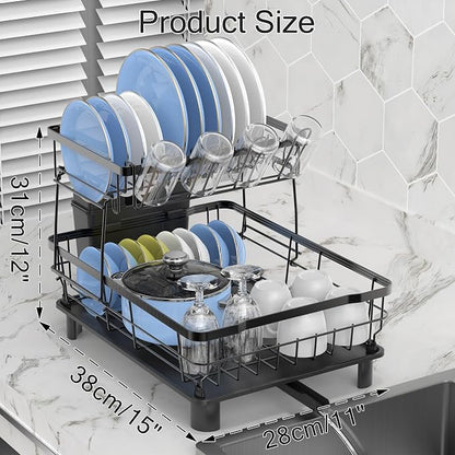 Small 2 Tier Dish Drying Rack, Space Saving Dish Racks for Kitchen Counter, Kitchen Organizer Dish Drainer with Cutlery Holder for Spoons and Forks, 11''W x 15''L, Black