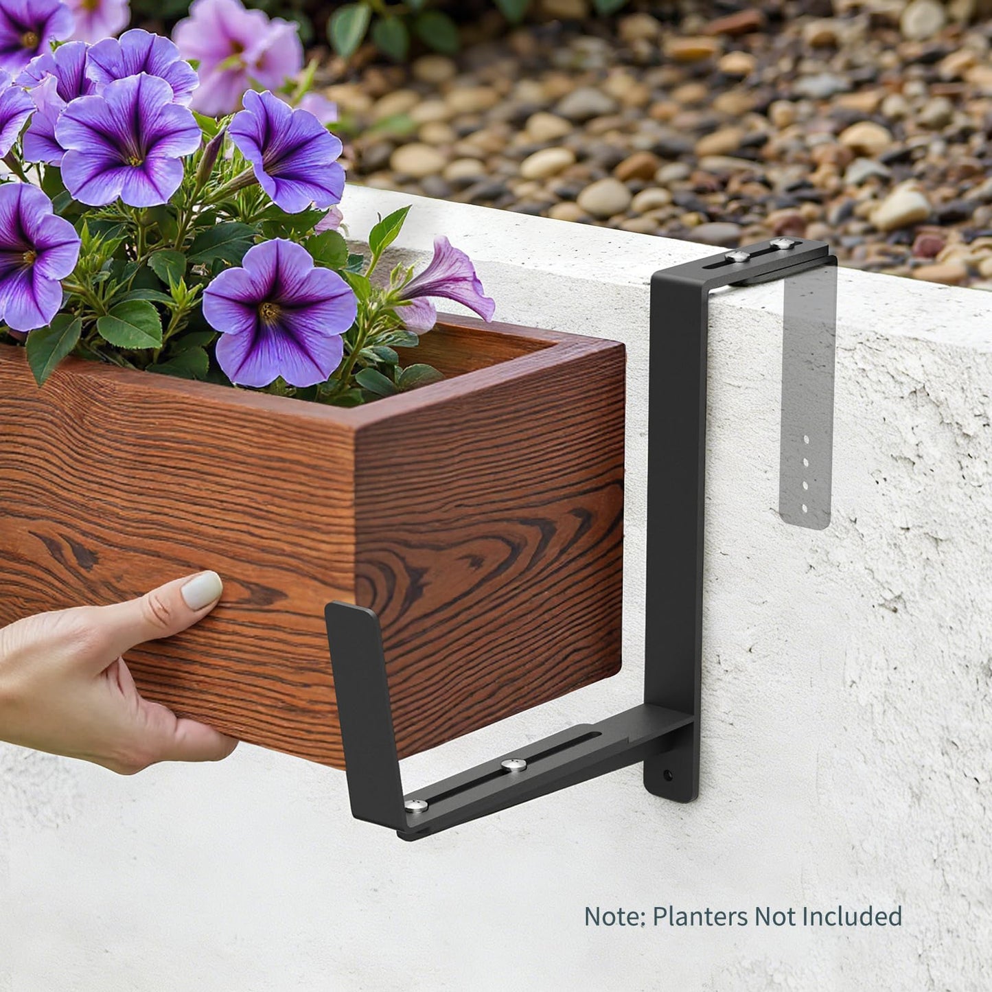 VOXOR Window Box Brackets, Adjustable Planter Box Brackets, Heavy Duty Iron Flower Box Brackets for Railings, with Enhanced Bottom Support - Perfect for Balconies, Fences, and Gardens (Black, 4 Pack)