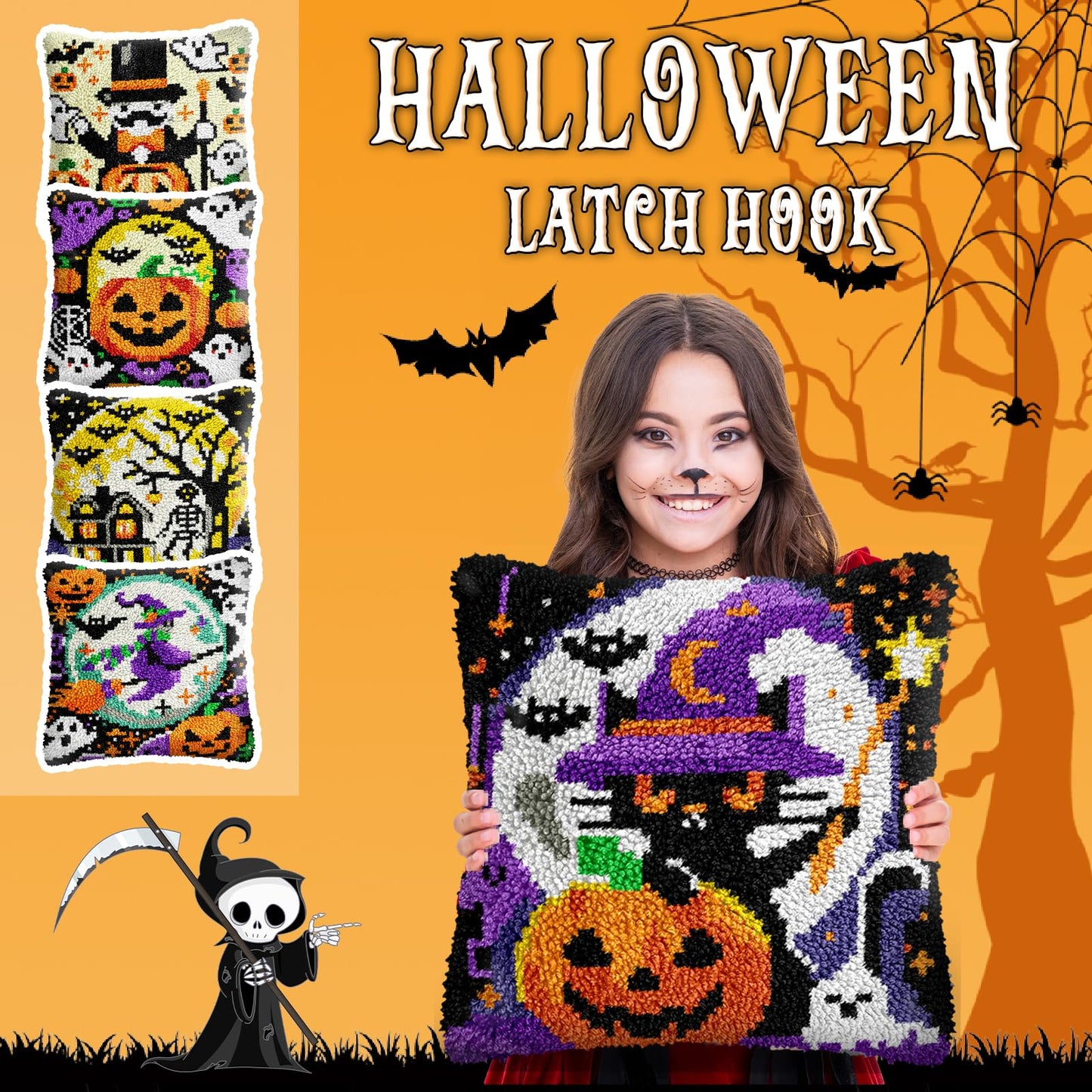 veirousa Halloween Jack O Lantern Latch Hook Kits for Adults Kids Beginners DIY Latch Hook Rug Kit Pre-Printed Hook and Latch Carpet Making Kits Cross-Stitch Wall Hanging Crochet Set 15x20 Inch