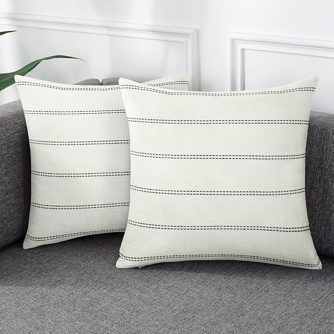 AmHoo Pack of 2 Farmhouse Stripe Check Throw Pillow Covers Set Case Cotton