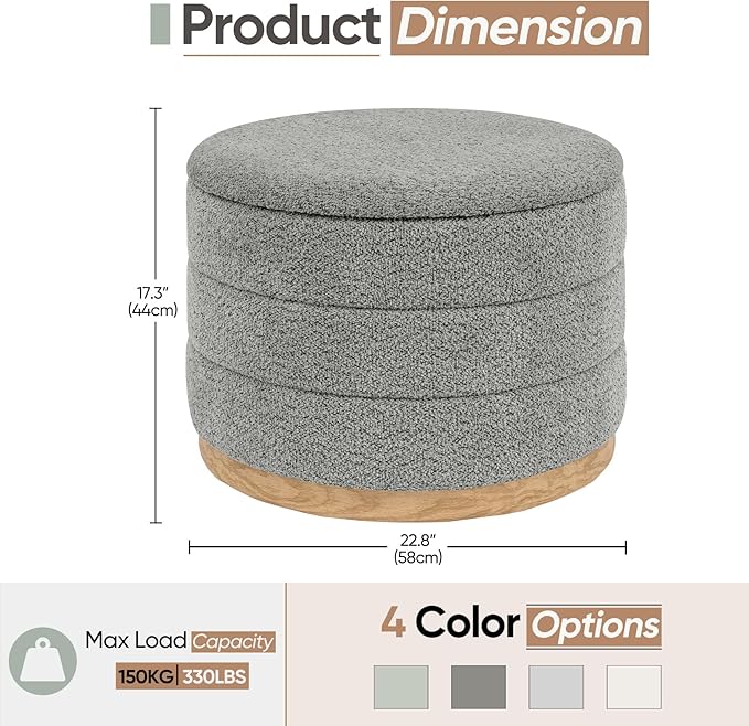 Round Storage Ottoman with Tray Lid, Folding Chenille Fabric Footrest with