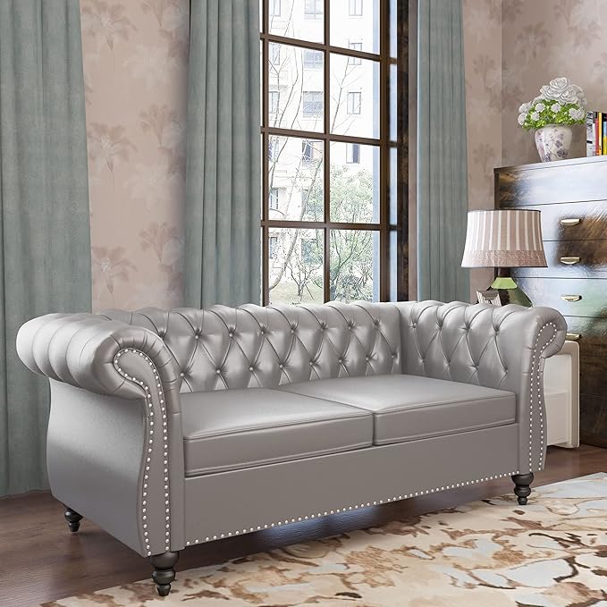 ORRD 2 Piece Living Room Set, Chesterfield Leather Sofa Couch Chair