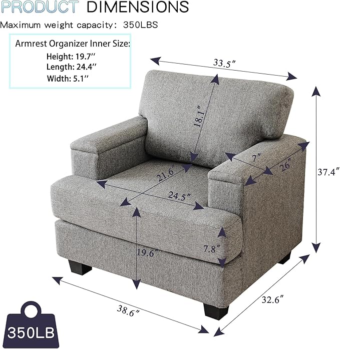 Rexulqo Oversized Accent Chair Set of 2, Upholstered Armchair