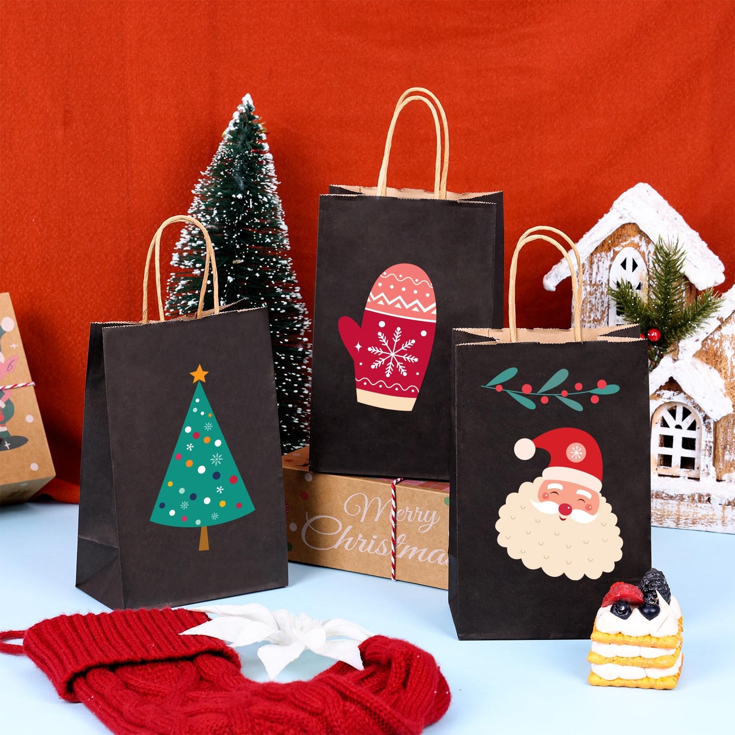 OUTUXED 150pcs Black Paper Bags with Handles, 5.25x3.2x8 Inches Small Gift Bags Bulk for Shopping, Birthday, Wedding, Merchandise and Business Party