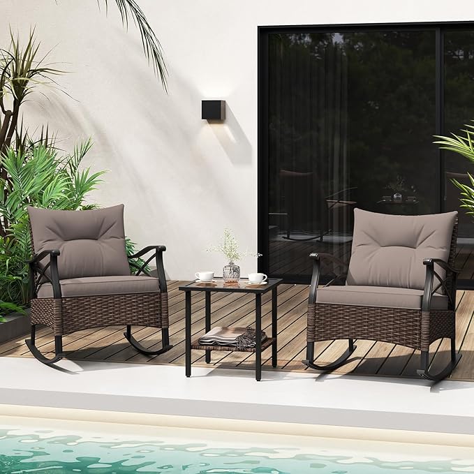 Tangkula 3 Pieces Outdoor Rocking Chairs Set, Rattan Heavy Duty Cushioned