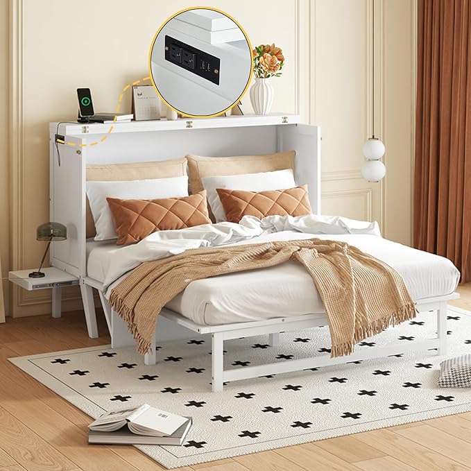 Queen Size Murphy Bed with USB Port and Removable Shelves on Each Side