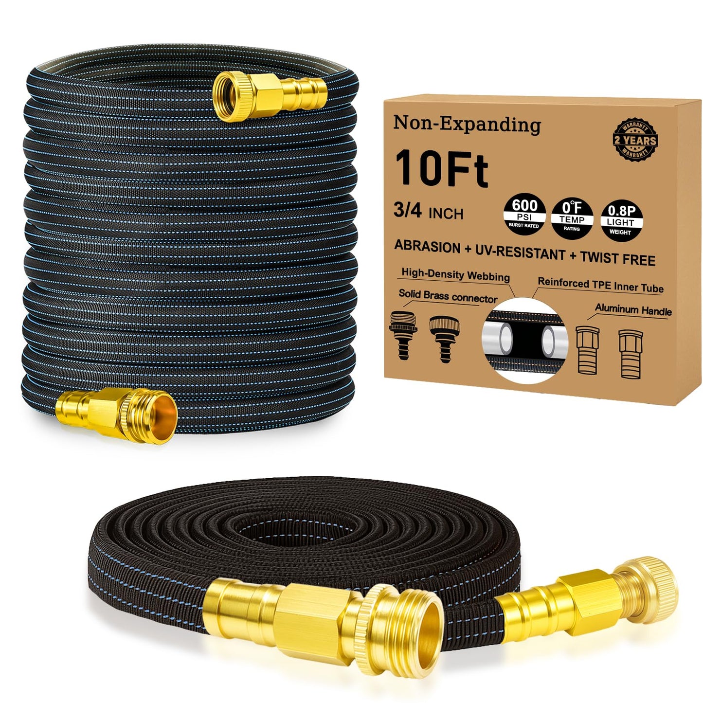 10FT Lightweight Flexible Garden Hose,Non-Slip Handles,Non-kink Hose,Solid Brass Fitting for Boats, RV Water Hose,Marine Washdown,Lawn,Garden,Leakproof TPE Hose (BlueBlack, 10 Ft)