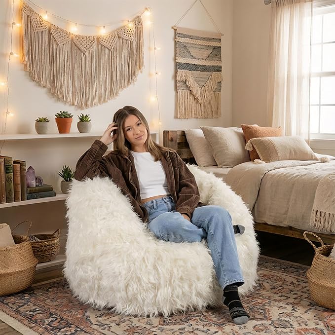 Big Joe Milano Bean Bag Chair, Ivory Shag Fur, Soft Faux Fur, 2.5 feet