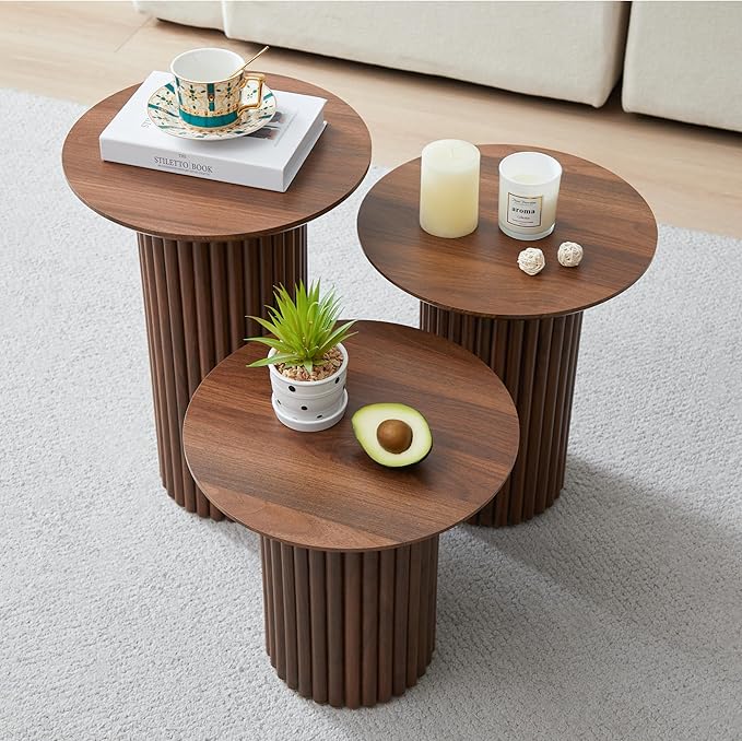 Bifins Round Nesting Coffee Table Set of 3, Mid Century Modern Fluted Coffee