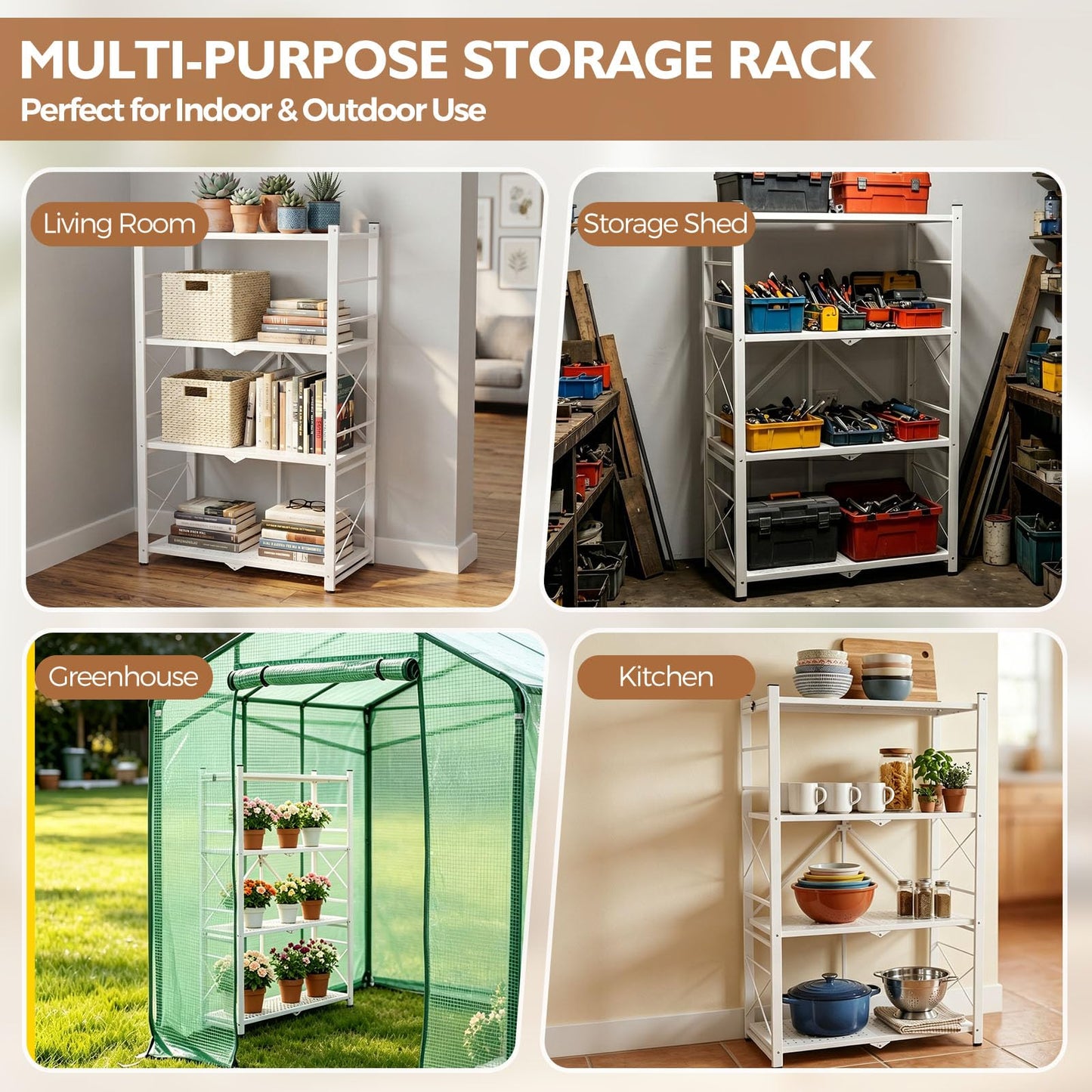 EAGLE PEAK 4-Tier Foldable Greenhouse Shelf, Heavy Duty Metal Storage Rack, No Assembly Steel Shelving Unit, Plant Stand for Greenhouse and Multi-Use Storage, 28”x14.6”x44.7”, 520 lbs, 2 Pack, White