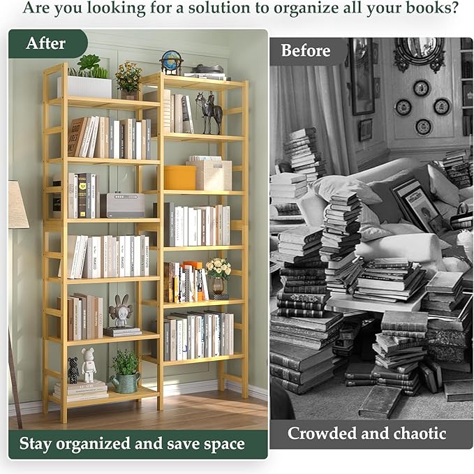 Homykic Double Wide Bamboo Bookshelf, 6-Tier Large Open Bookcase