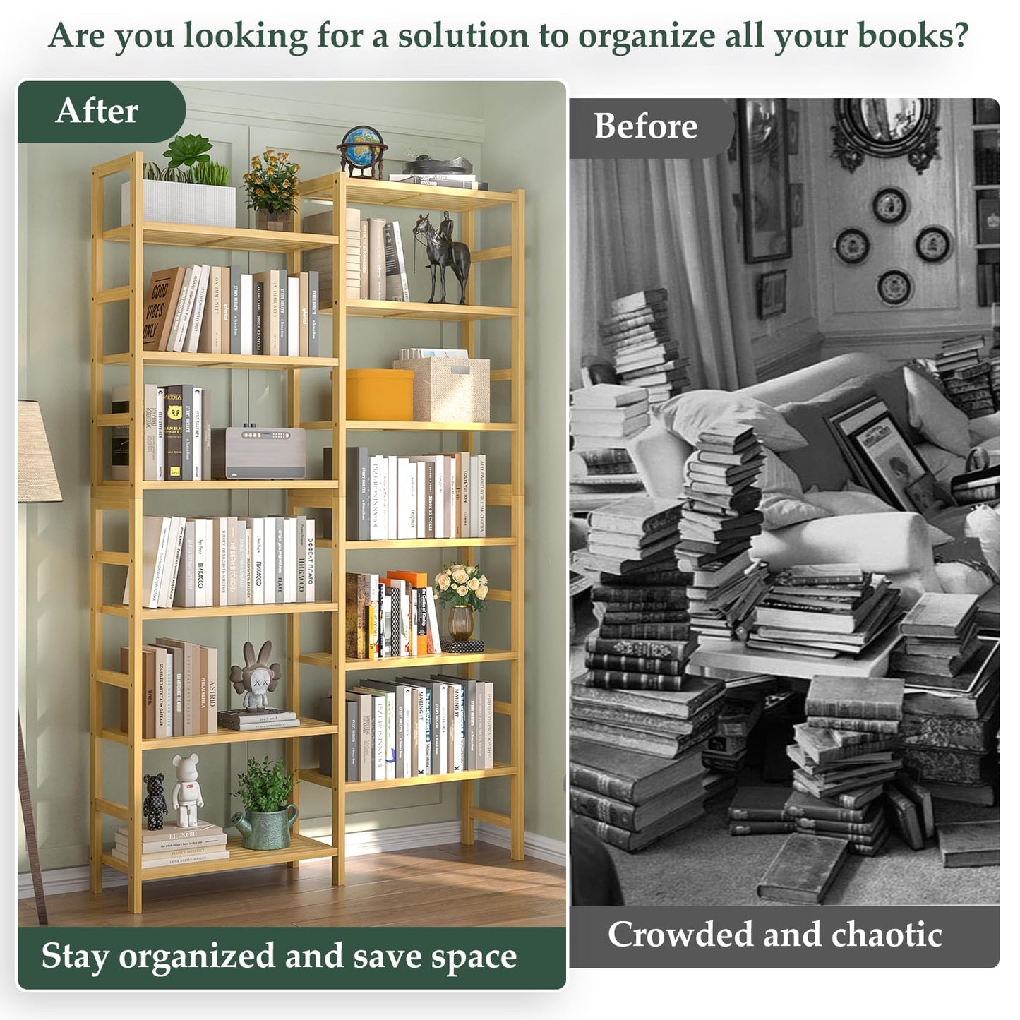 Homykic Double Wide Bamboo Bookshelf, 6-Tier Large Open Bookcase with 12 Display Shelves, 6ft Tall Freestanding Book Shelf for Home Office, Bedroom, Living Room, Plants, Natural