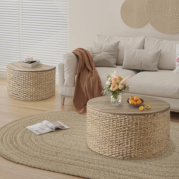 Nesting Coffee Table Set of 2, Rustic Crate and Barrel Coffee Table, Hand-Woven