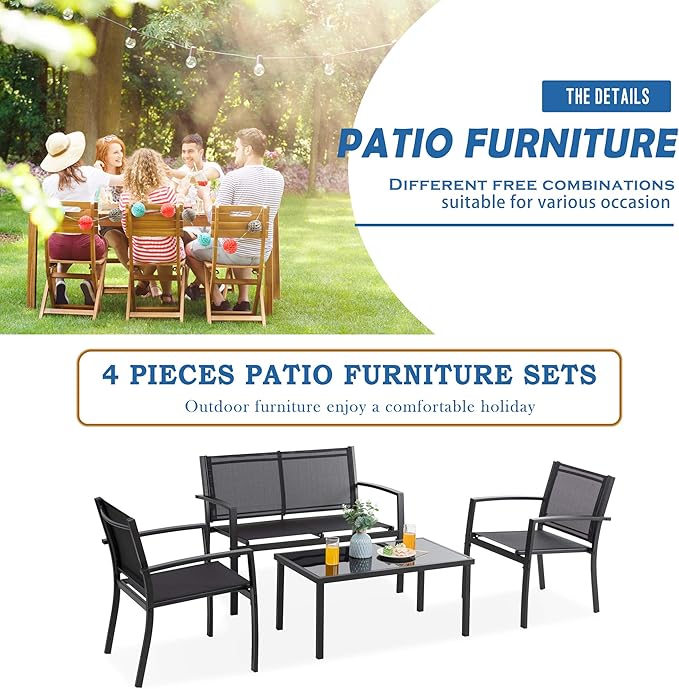 Vongrasig 4 Pieces Patio Furniture Sets, Outdoor Patio Conversation Sets