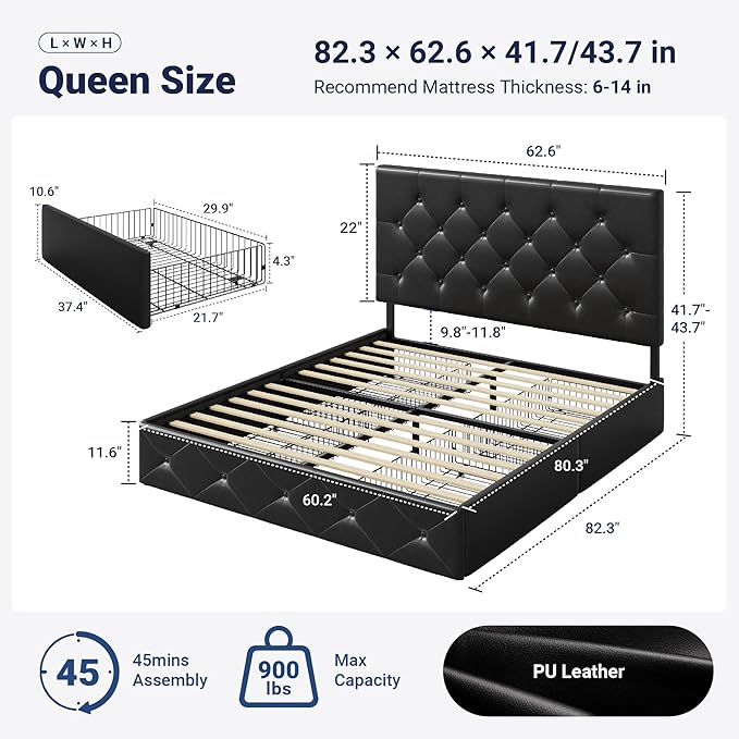 Allewie Upholstered Queen Size Platform Bed Frame