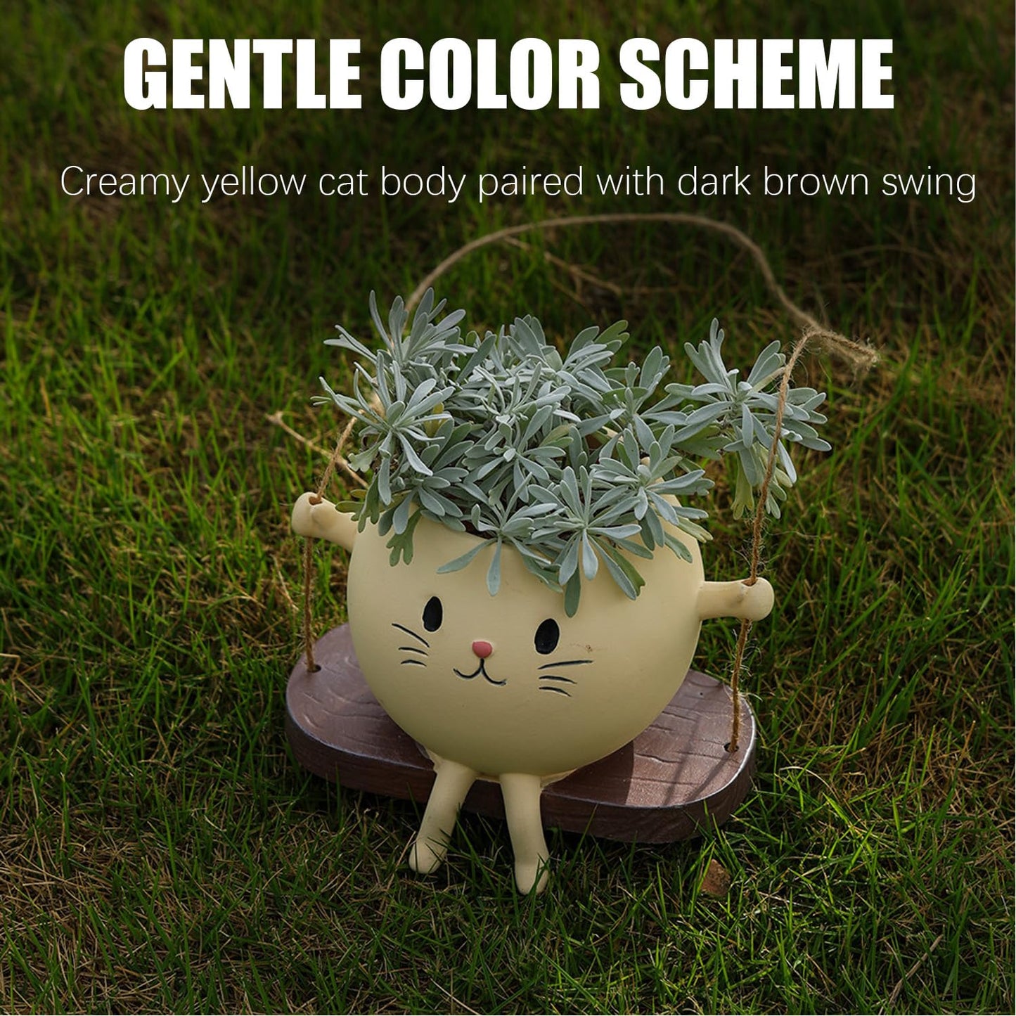 Swing Cat Hanging Planter, Resin Cute Cat Succulent Pot, Dual-Use Indoor Outdoor Plant Holder, Creamy Yellow Swing Flower Pot, Adorable Hanging Planter for Small Plants