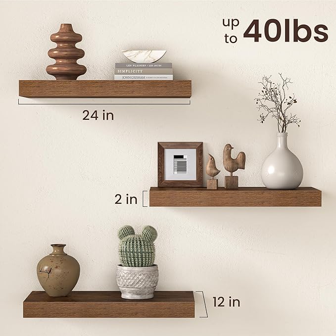 Fun Memories 12 Inch Deep Floating Shelf, 24 x 12 Rustic Wood Wall Shelf