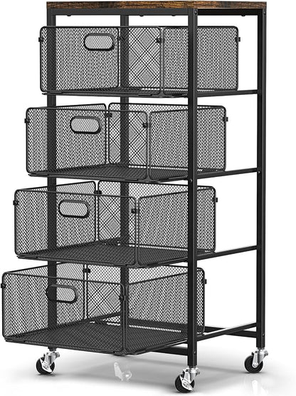 SUNALLY Rolling Kitchen Cart with Drawers, 4-Tier Utility Cart Fruit Vegetable Storage Cart with Lockable Wheels, Wooden Top Metal Kitchen Storage Organizer for Cans, Snacks, Beauty, Craft, Art, Black
