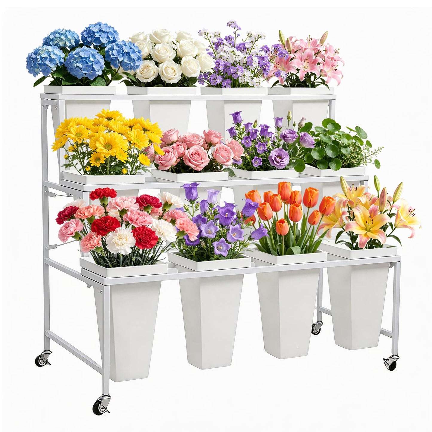 SXJHOPK Flower Display Stand with 12 Buckets, 3-Tier Rolling Plant Stand with Locking Wheels - Heavy Duty Metal Flower Cart for Indoor/Outdoor Use, Wedding Decor & Florist Displays