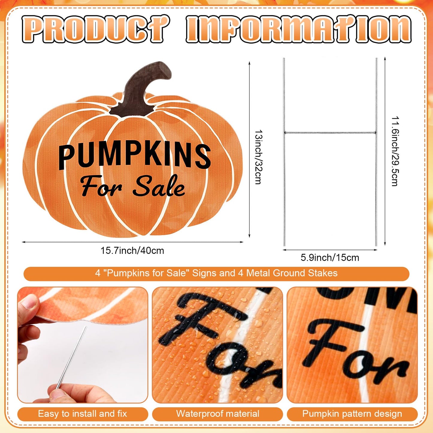 Otoolling 4 Pcs Pumpkins for Sale Yard Sign with Stakes Fall Thanksgiving Garden Patch Signs 15.7 x 13 Inch Fall Pumpkin Weatherproof Decorative for Outdoor Yard Garden Lawn
