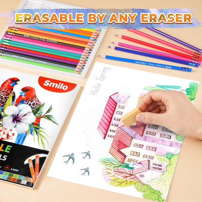 Smilo 36-Count Erasable Colored Pencils with Erasers - Vibrant & Smooth Colors for Drawing, Coloring Books, School Art Projects - Premium Art Supplies for Kids, Adults & DIY Crafts