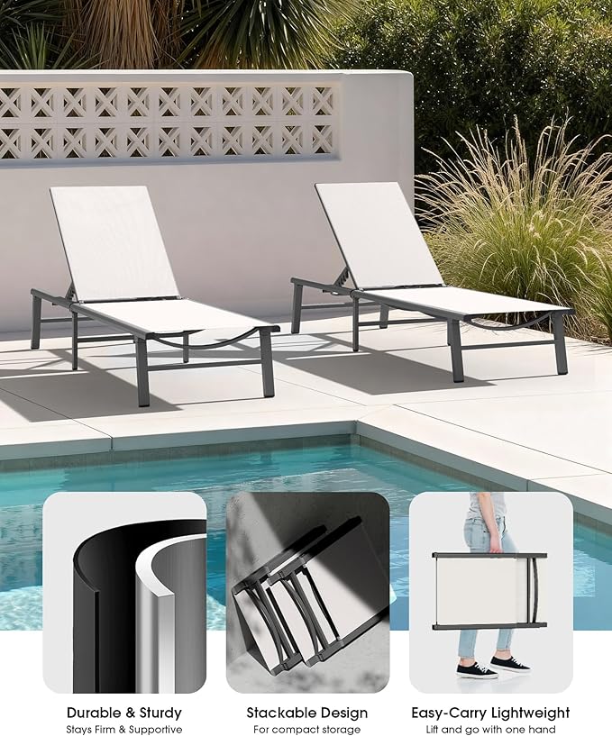 Ciokea Foldable Outdoor Lounge Chair, No Assembly Patio Chaise Lounge Outdoor