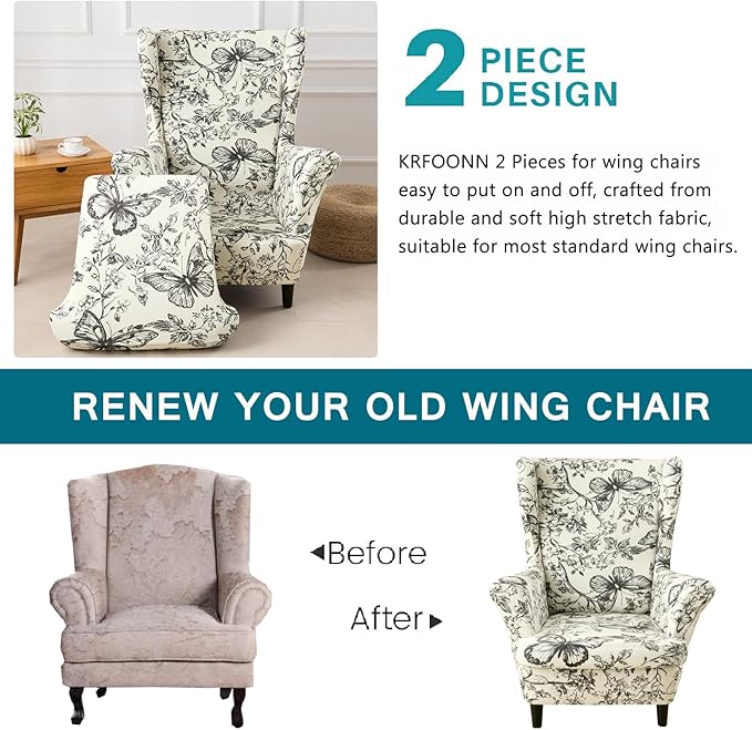 KRFOONN Velvet Wing Chair Slipcovers 2 Piece Stretch Printed Wingback Chair
