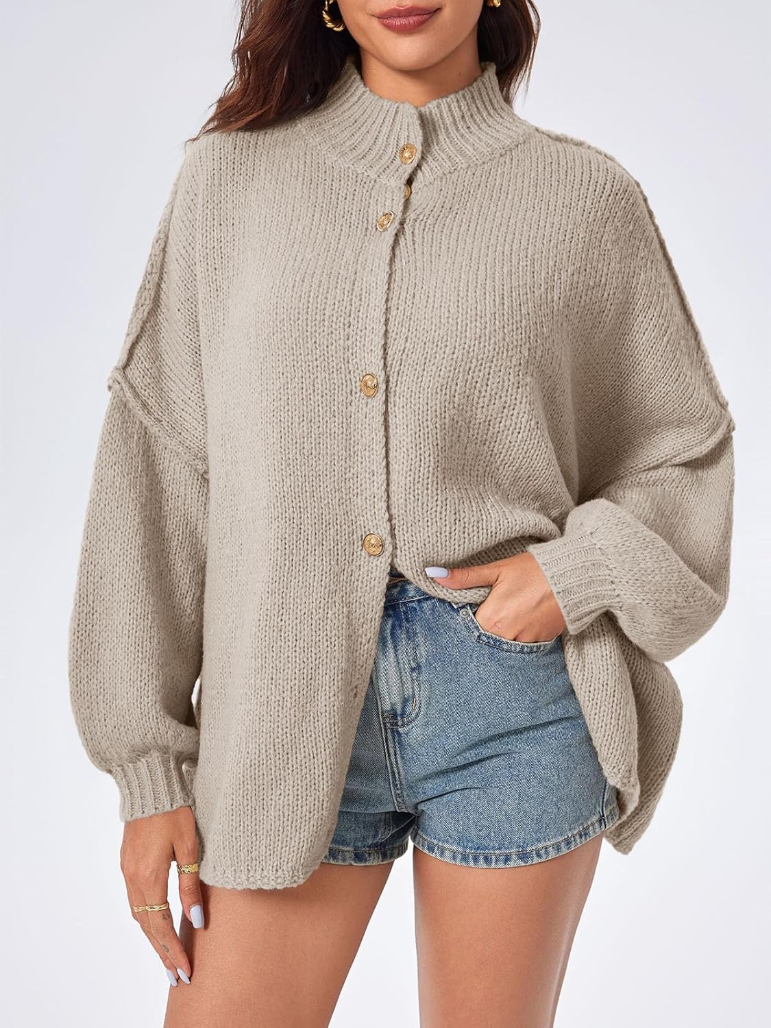 Saodimallsu Womens Oversized Cardigans Long Lantern Sleeve Button Down Chunky Knit Loose Fall Sweater Coats
