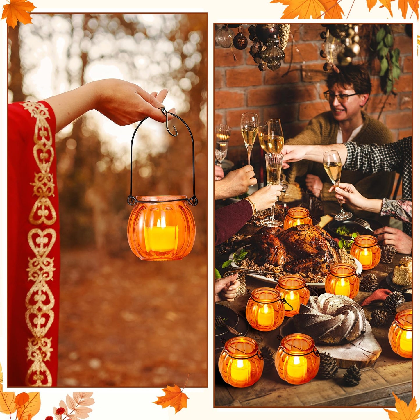 Mumufy 12 Sets Pumpkin Votive Candle Holders Thanksgiving Tea Light Holder Glass Fall Candle Holders with Handle for Thanksgiving Table Centerpiece Decorations Halloween Party Decor(Orange)