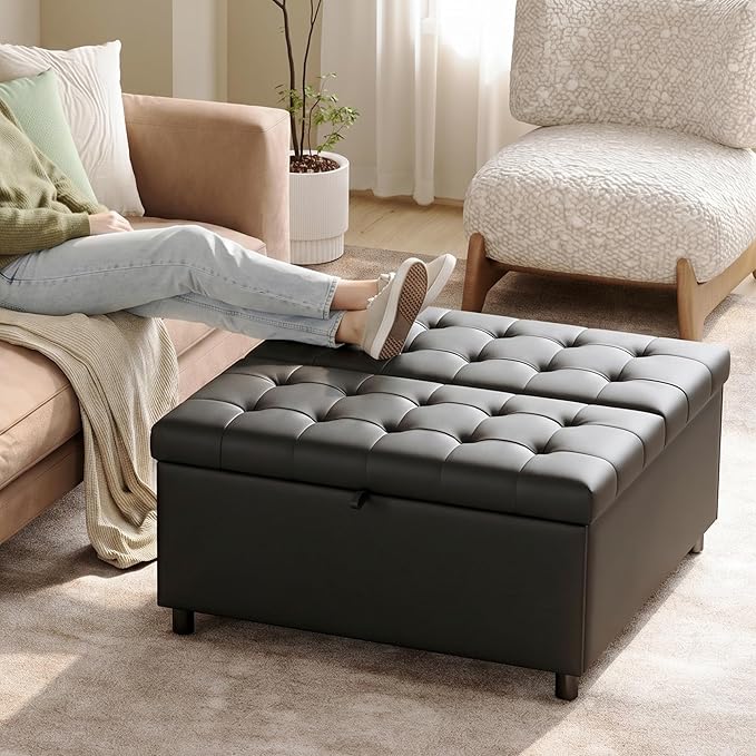 LINLUX Extra Large Leather Storage Ottoman, 35.5 Inch Large Square Lift Top