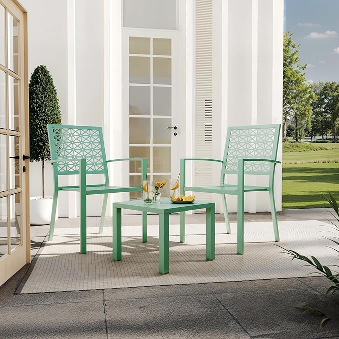 GarveeTech 3 PCS Outdoor Bistro Set, Stackable Modern Metal Steel Table and