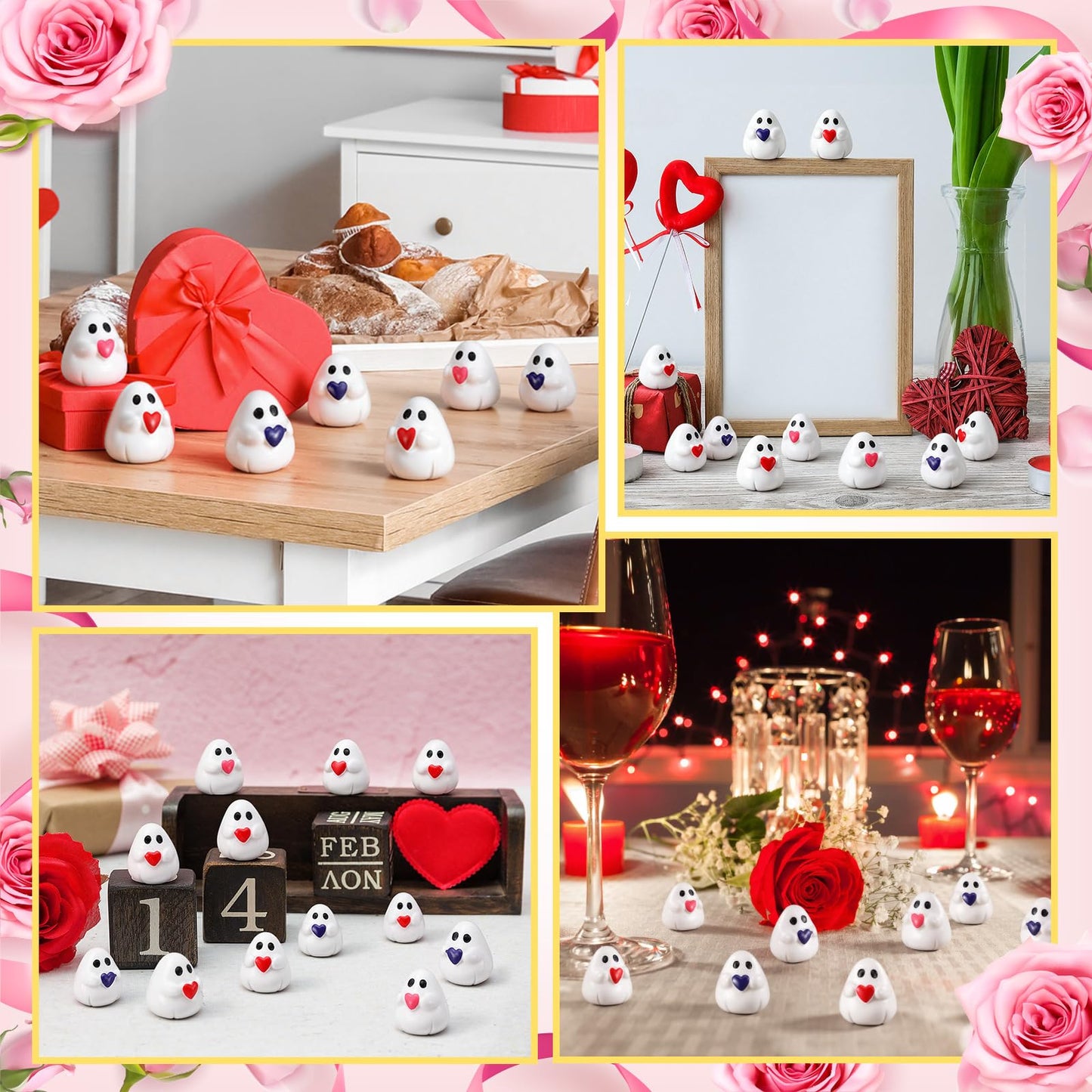 Soulchen 60 Pcs Mini Ghost Figurines Cute Miniatures Tiny Resin Ghost with Red Heart Little Small Resin Figures for Desktop Cake Landscape Decor Mother's Day Party Gifts(Pink,Purple,Red)