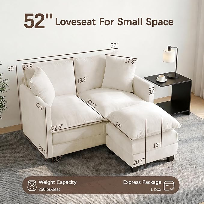 Loveseat Sofa with Ottoman, Comfy Chenille Small Couch