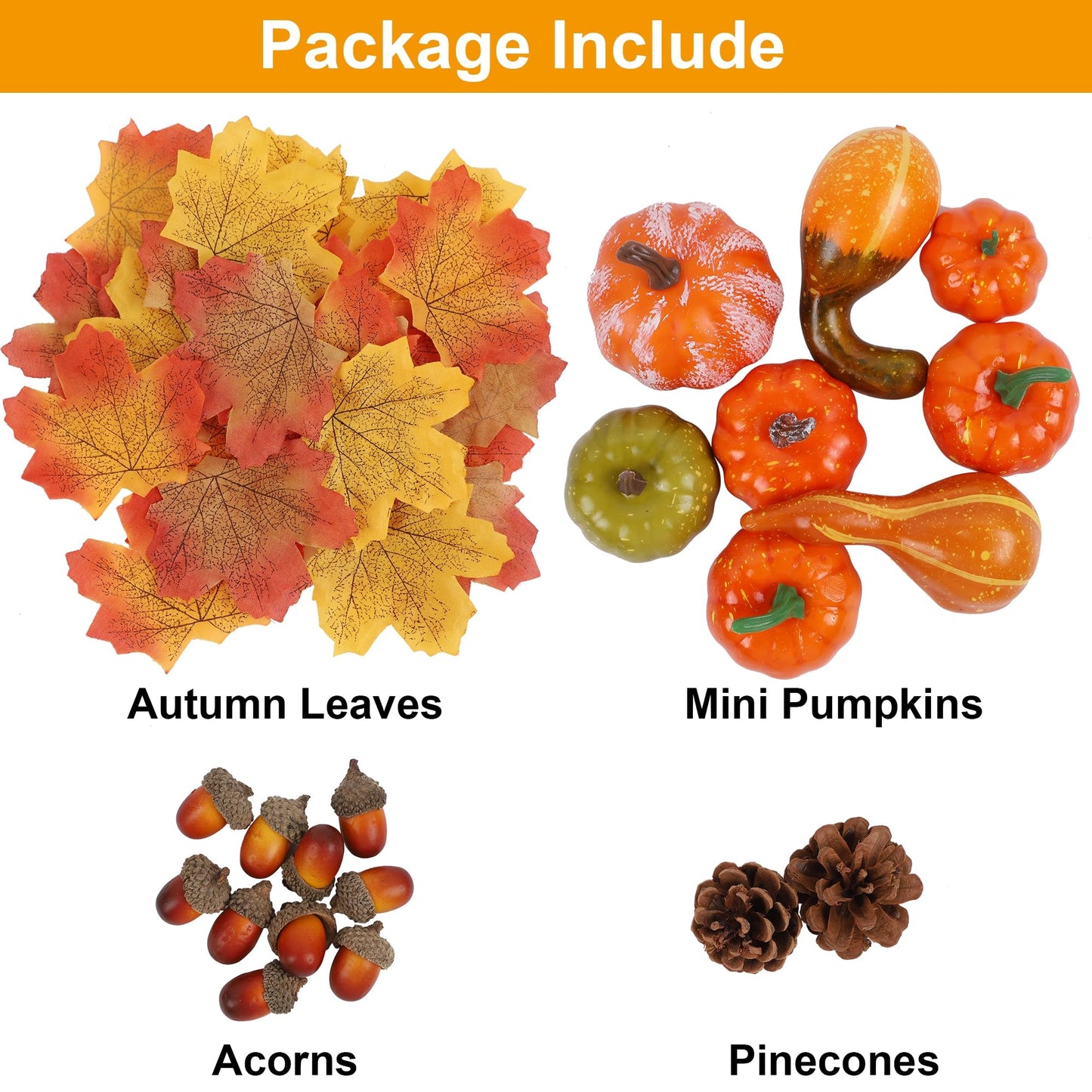 winemana Fall Decorations for Home-6pcs Mini Pumpkins & 2pcs Gourds, 30pcs Leaves & 10pcs Acorns, 2pcs Pinecones Centerpiece Set-Harvest Decor for Table Mantel (Largest: 4.5" x 2.1")