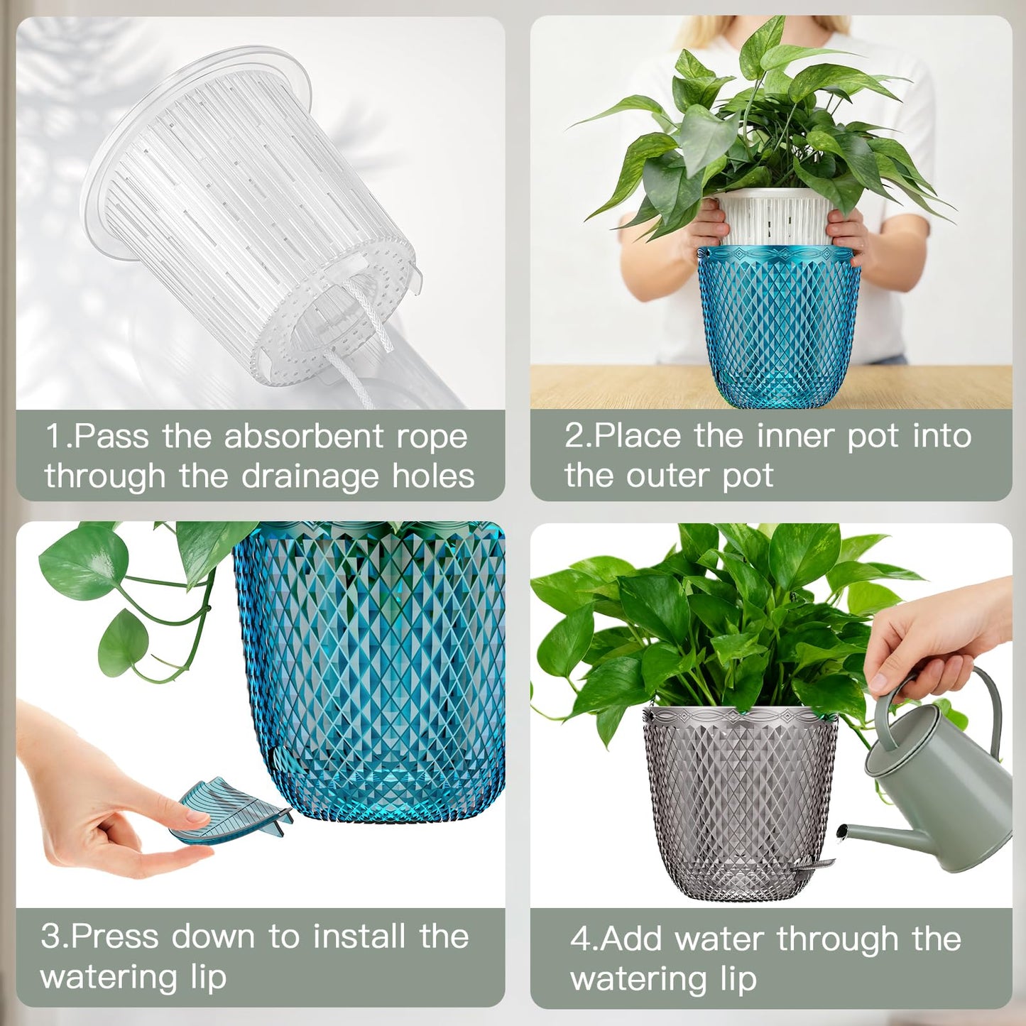 QCQHDU 2 Pack Self Watering Pots, 7.2 Inch Flower Pots with Drainage Holes and Water Filling Port, Plastic Garden Planter for Indoor Outdoor Plants (Gray)