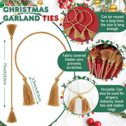 Zhengmy 15 Pcs 24 Inch Christmas Garland Ties with Tassels Decorative Twist Tie for Banister Reusable Flexible Twist Tie for Garland Fireplace Staircase Banister Home Xmas Holiday Decorations (Gold)