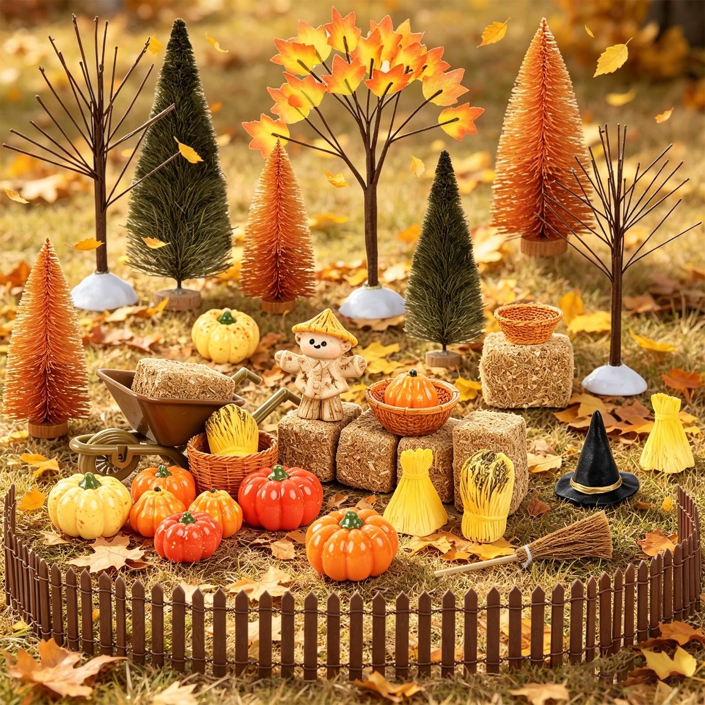33 PCS Mini Fall Figurines Thanksgiving Resin Figurines Autumn Tiny Resin Farm Miniature Include Trees Pumpkins Scarecrow Wheelbarrow Ears of Wheat Basket Fence for Harvest Home Table Decorations
