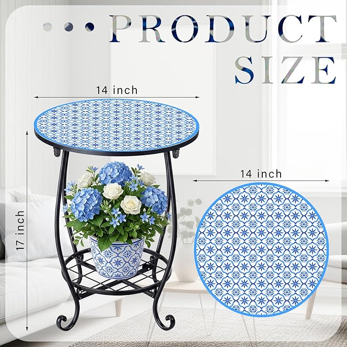 Cinnvoice Outdoor Side Table Round Small Mosaic Patio Accent Indoor End Plant
