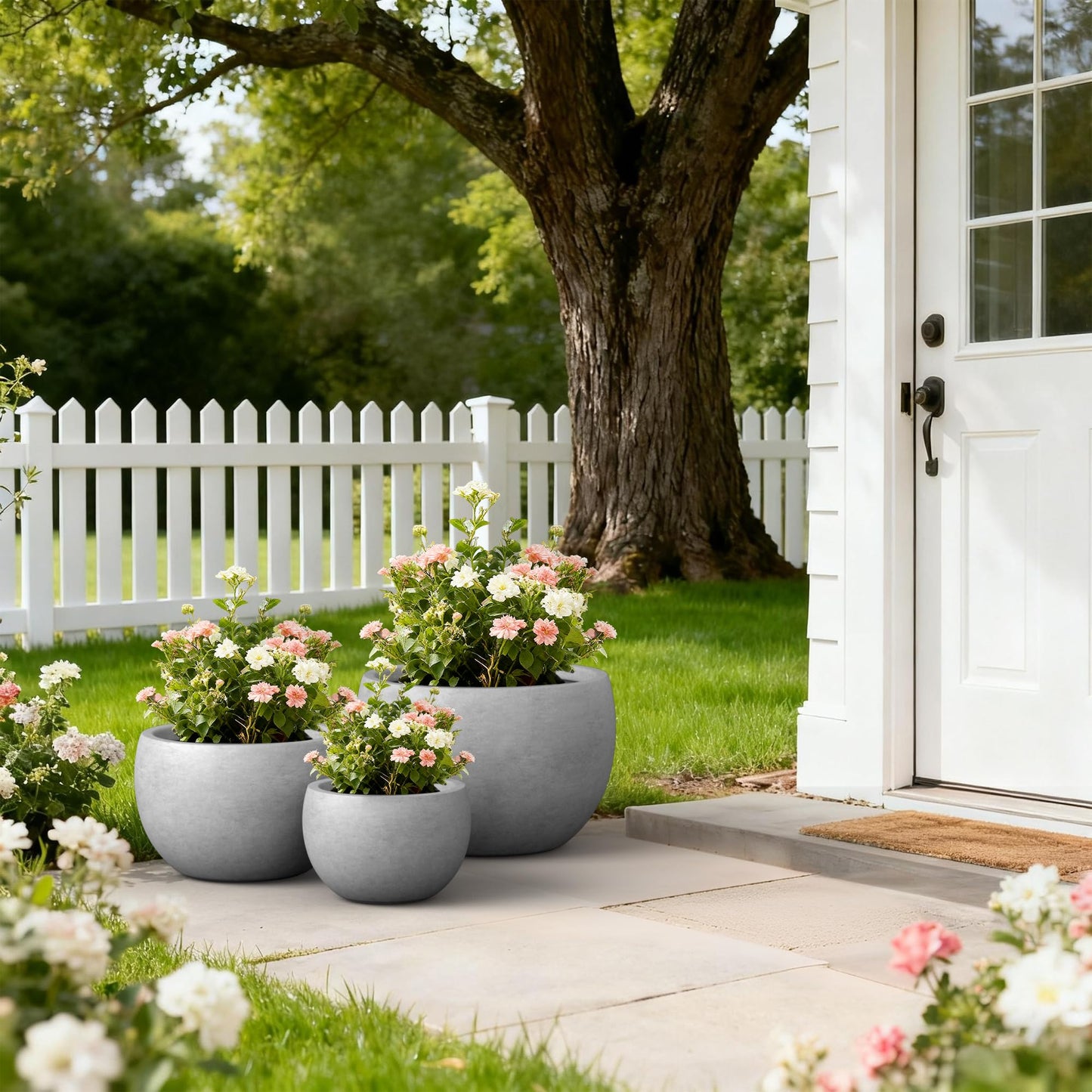 Kante 19.9",15.7",11.8" Dia Round Concrete Planter Set of 3, Outdoor/Indoor Large Bowl Plant Pots with Drainage Hole and Rubber Plug for Garden Patio Balcony Home, Natural Concrete