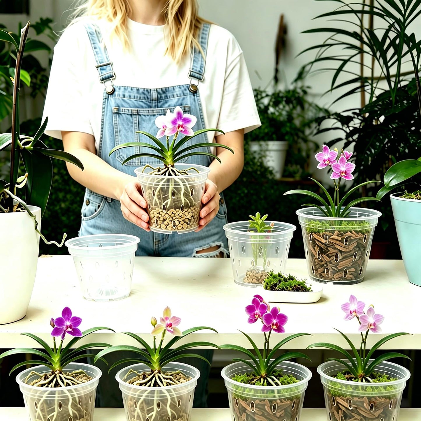 Gyfofix 6 Pack 5.9 Inch Clear Plastic Orchid Pots with Drainage Holes, Transparent Breathable Planters for Root Observation, Indoor Outdoor Orchid Cultivation